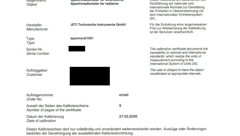 Example of a JETI calibration certificate