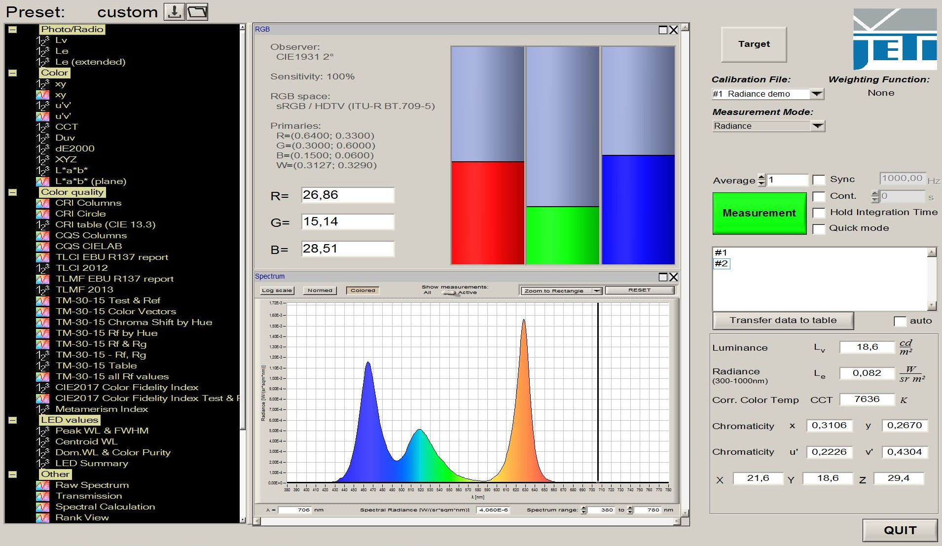 PC software JETI LiVal with RGB measurement